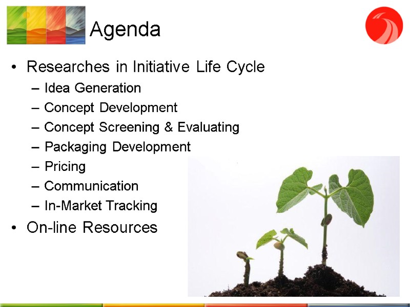 Agenda Researches in Initiative Life Cycle Idea Generation Concept Development Concept Screening & Evaluating